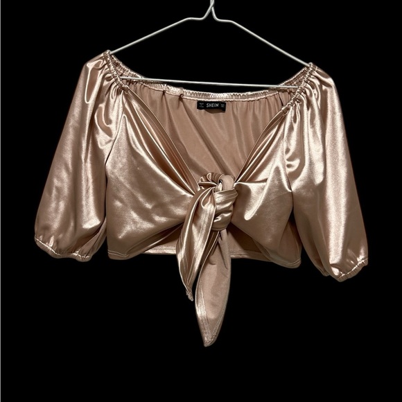 SHEIN Champagne Satin Tie-Front Crop Top - Picture 1 of 4